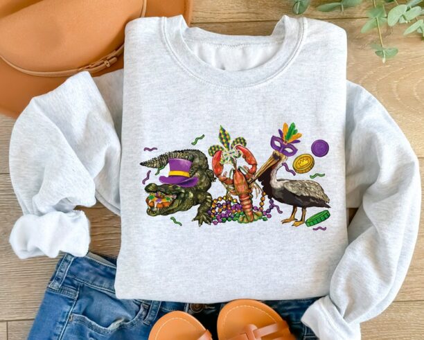 Mardi Gras Alligator Pelican Crawfish Sweatshirt, Nola Sweatshirt, Mardi Gras Sweatshirt, Saints Sweatshirt