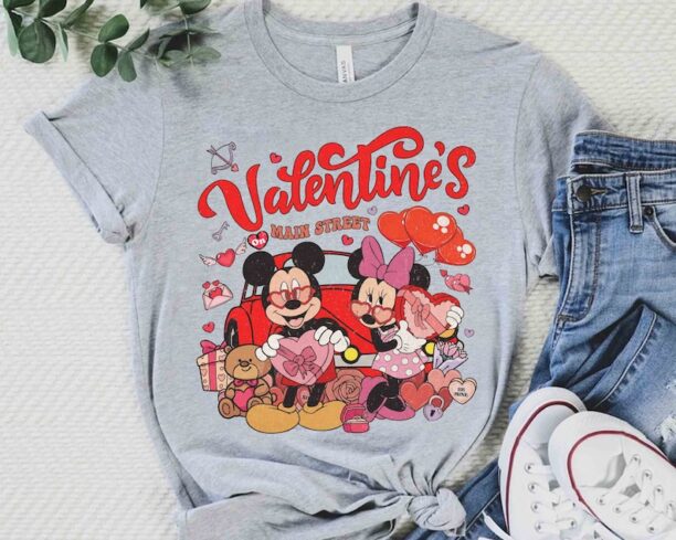 Cute Mickey And Minnie Valentine's On Main Street Retro 90s T-shirt, Disney Couple Love Heart Matching Tee