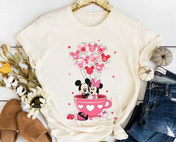 Mickey and Minnie with Pink Balloon Tea Cup Valentine Shirt, Disney Couple Matching T-shirt, Valentine's Day Gift