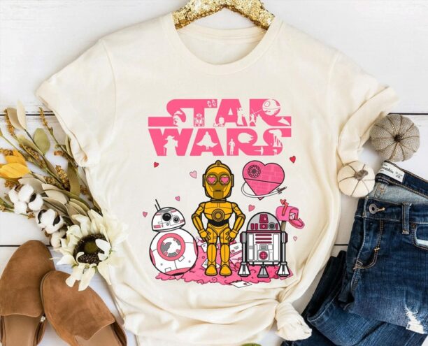 R2-D2 BB-8 C-3 Pink Star Wars Valentine Shirt, Star Wars Droids Valentine's Day T-shirt, Star Wars Couple Fan Tee