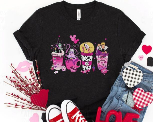 Disney Villains Coffee Latte Valentine Drinking Shirt, Maleficent Ursula Cruella Evil Queen, Valentine's Day Tee