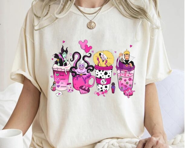 Disney Villains Coffee Latte Valentine Drinking Shirt, Maleficent Ursula Cruella Evil Queen, Valentine's Day Tee