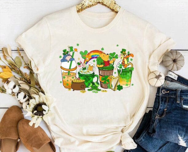 Winnie The Pooh Coffee Cup St Patrick's Day Shirt, Pooh Piglet Tigger Eeyore, Disney St Patty's Tee