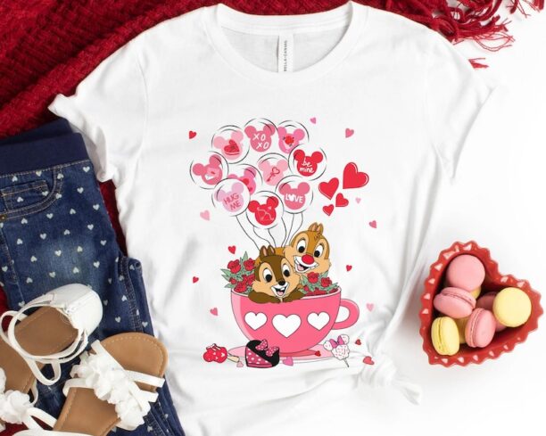 Chip n Dale with Mickey Balloon Valentine Tea Cup Shirt, Disney Couple Valentine's Day, Couple Matching T-shirt