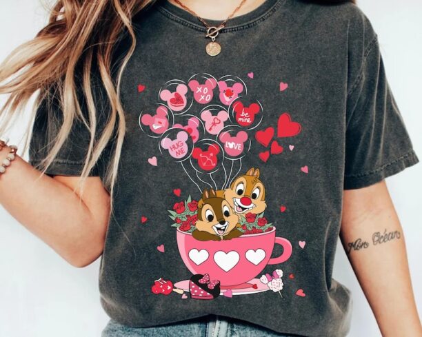 Chip n Dale with Mickey Balloon Valentine Tea Cup Shirt, Disney Couple Valentine's Day, Couple Matching T-shirt