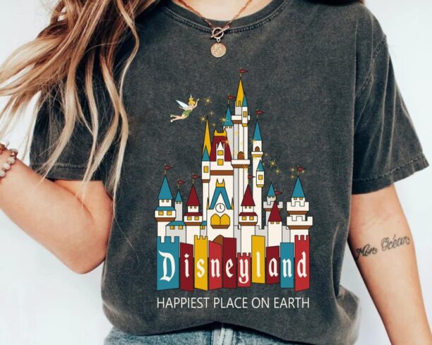 Retro Disneyland Sign Disney Castle Tinker Bell Happiest Place On Earth Shirt, Disney Magic Kingdom Tee