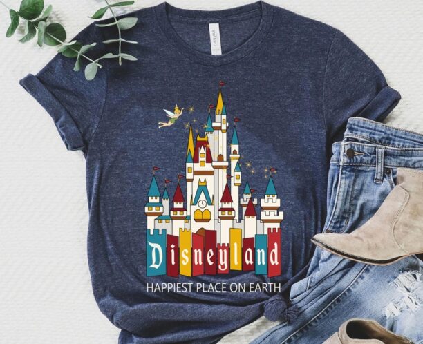 Retro Disneyland Sign Disney Castle Tinker Bell Happiest Place On Earth Shirt, Disney Magic Kingdom Tee