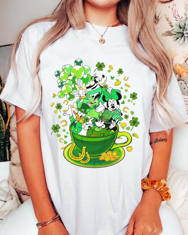 Retro Mickey and Friends with Shamrock Balloon Tea Cup Shirt, Disney St Patrick's Day T-shirt, Lucky Irish Tee