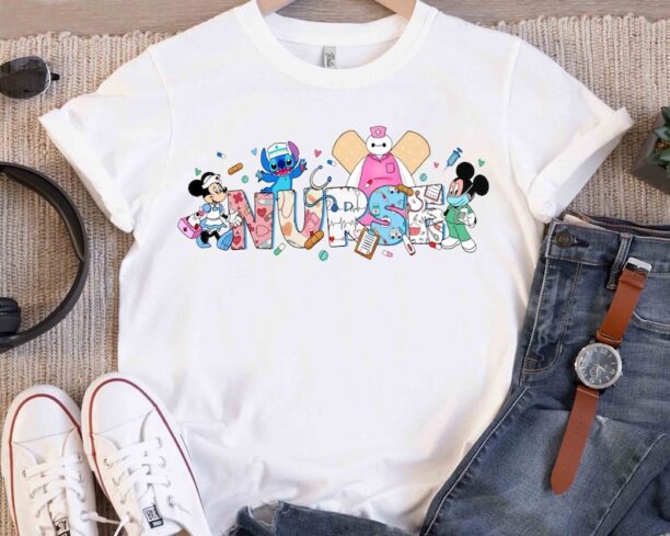 Cute Disney Mickey Minnie Stitch Baymax Custom Nurse T-Shirt, Nurse's Day 2024 Tee