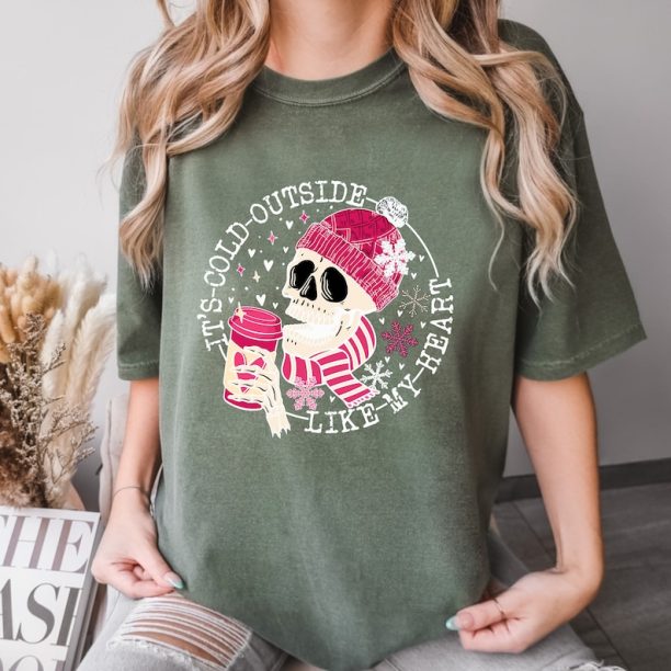 Comfort Colors® It's Cold Outside Like My Heart Skeleton T-Shirt, Valentines Shirt, Skull Shirt, Cute Skeleton Shirt