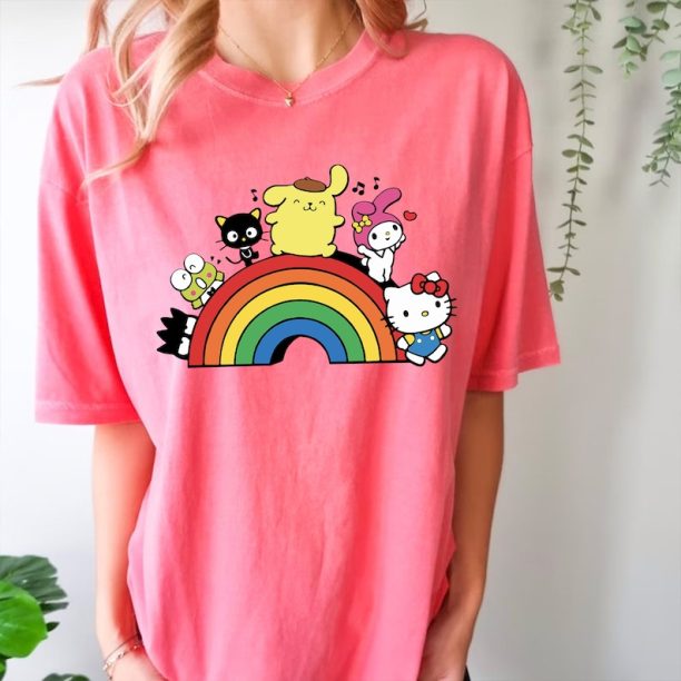 Comfort Colors® Rainbow Valentine Shirt, Cats Lover Shirt, Hello Kitty Shirt, Valentines Day T-Shirt