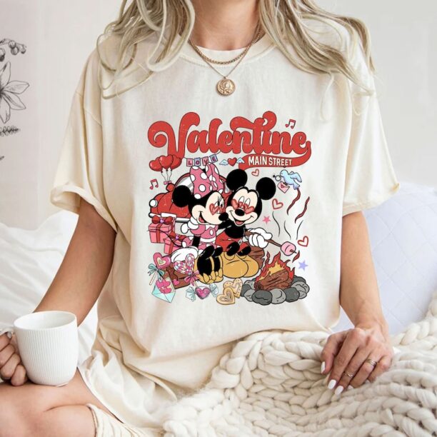 Vintage Mickey Minnie Couple Valentine on Main Street Shirt, WDW Happy Valentine's Day Couple Shirt, Love Heart Balloons