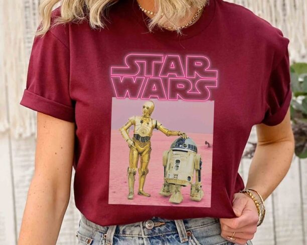 Funny Star Wars Droids R2-D2 C-3PO Pink Neon Title Portrait Shirt