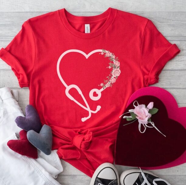 Nurse Valentine's Day T-Shirt, Floral Heart Stethoscope Shirt, Nursing Medical Assistant TShirt