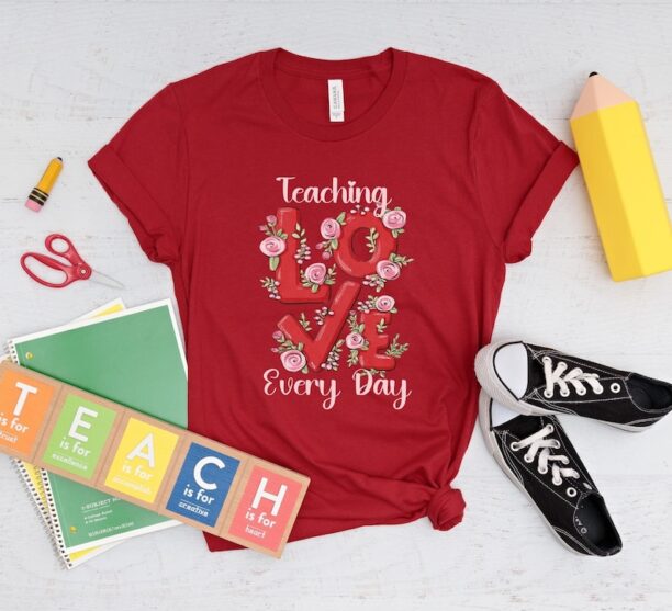 Teacher Valentines Day Shirt,Teaching Love Every Day T-Shirt Gift,Valentine's Teacher Team Crew Squad Shirts