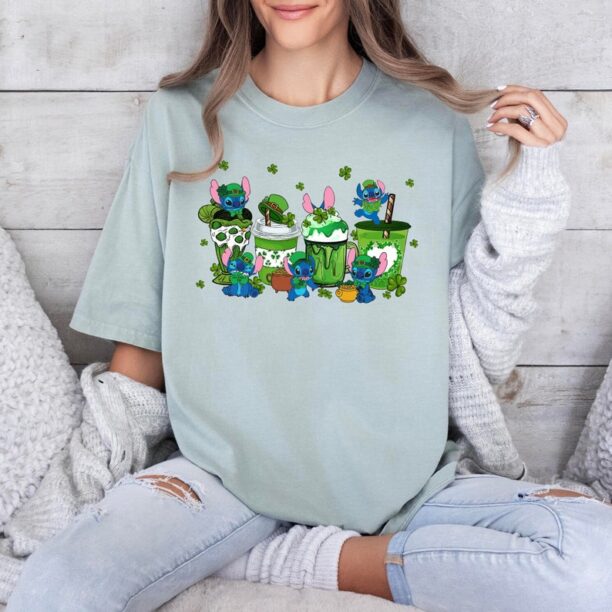 Disney Stitch Coffee Happy St Patrick's Day Shirt, Stitch With Pot Of Gold Shirt Hoodie Sweatshirt