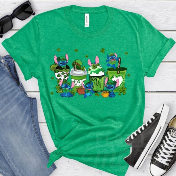 Disney Stitch Coffee Happy St Patrick's Day Shirt, Stitch With Pot Of Gold Shirt Hoodie Sweatshirt