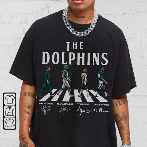 Dolphins Walking Abbey Road Signatures Football Shirt, Mike McDaniel, Tua Tagovailoa, Tyreek Hill, De’Von Achane