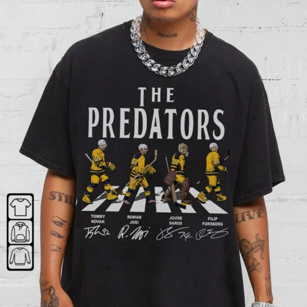 Predators Walking Abbey Road Signatures Ice Hockey Shirt, Tommy Novak, Roman Josi, Filip Forsberg, Juuse Saros