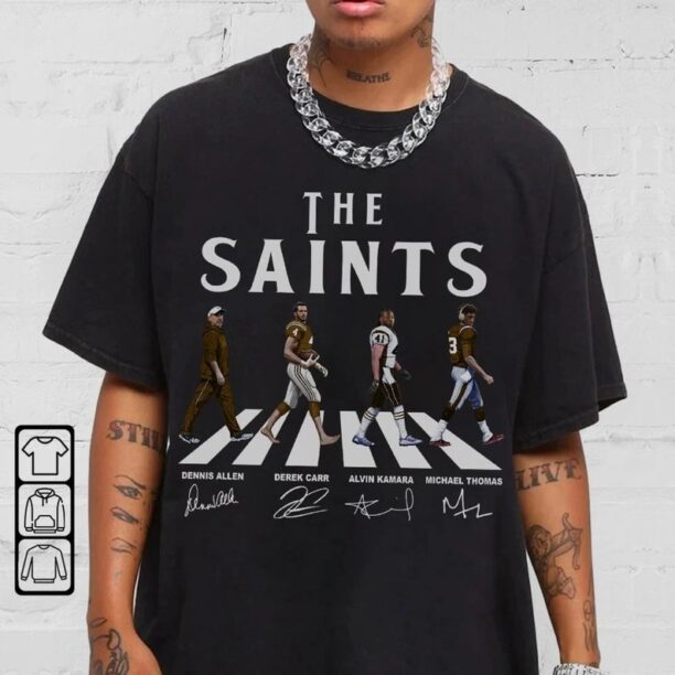 Saints Walking Abbey Road Signatures Football Shirt, Dennis Allen, Derek Carr, Alvin Kamara, Michael Thomas