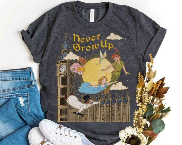 Peter Pan and Friends Never Grow Up Vintage T-shirt, Disney Tinker Bell Wendy Flight Neverland Tee