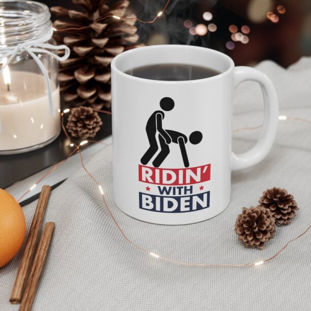 Funny Biden Mug - "Ridin With Biden" Slogan - White Ceramic Coffee Cup for Political Humor Enthusiasts, Unique Gift Idea