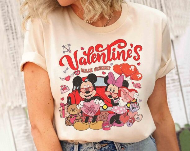 Cute Mickey And Minnie Valentine's On Main Street Retro 90s T-shirt, Disney Couple Love Heart Matching Tee