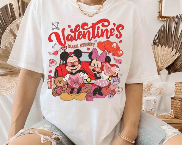 Cute Mickey And Minnie Valentine's On Main Street Retro 90s T-shirt, Disney Couple Love Heart Matching Tee