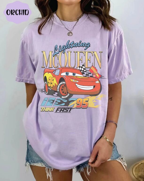 Retro Lightning Mcqueen 95 Think Fast Comfort Colors Shirt, Vintage Disney Cars Shirt, Cars Movie Shirt