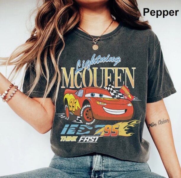 Retro Lightning Mcqueen 95 Think Fast Comfort Colors Shirt, Vintage Disney Cars Shirt, Cars Movie Shirt