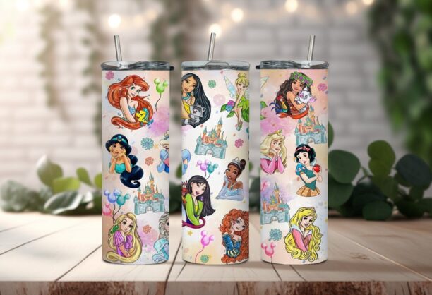 Water-color Disney Princess Tumbler - Colorful Animated Princess Tumbler - Your Fairytale Sip Companion for Enchanting