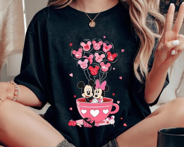 Mickey and Minnie with Pink Balloon Tea Cup Valentine Shirt, Disney Couple Matching T-shirt, Valentine's Day Gift