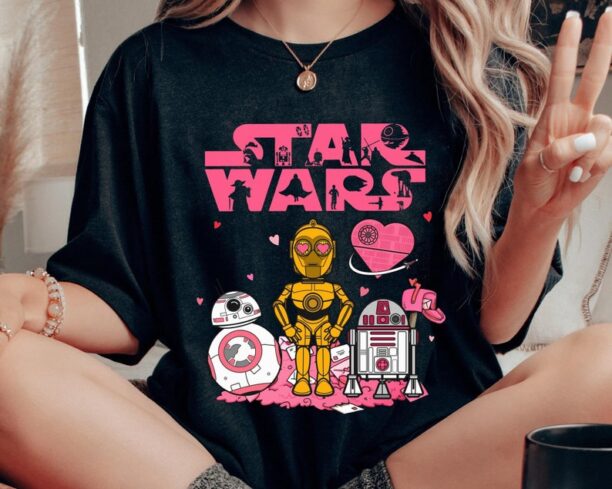 R2-D2 BB-8 C-3 Pink Star Wars Valentine Shirt, Star Wars Droids Valentine's Day T-shirt, Star Wars Couple Fan Tee