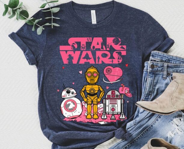 R2-D2 BB-8 C-3 Pink Star Wars Valentine Shirt, Star Wars Droids Valentine's Day T-shirt, Star Wars Couple Fan Tee