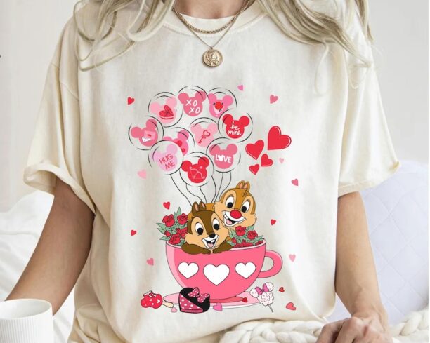 Chip n Dale with Mickey Balloon Valentine Tea Cup Shirt, Disney Couple Valentine's Day, Couple Matching T-shirt