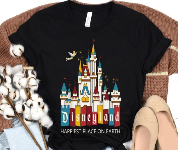 Retro Disneyland Sign Disney Castle Tinker Bell Happiest Place On Earth Shirt, Disney Magic Kingdom Tee