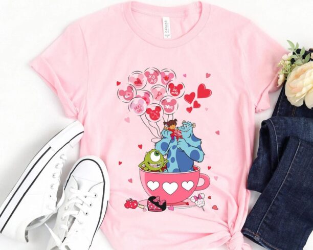 Monsters Inc Mike Sully Boo Mickey Balloon Valentine Tea Cup Shirt, Disney Couple Valentine's Day T-shirt