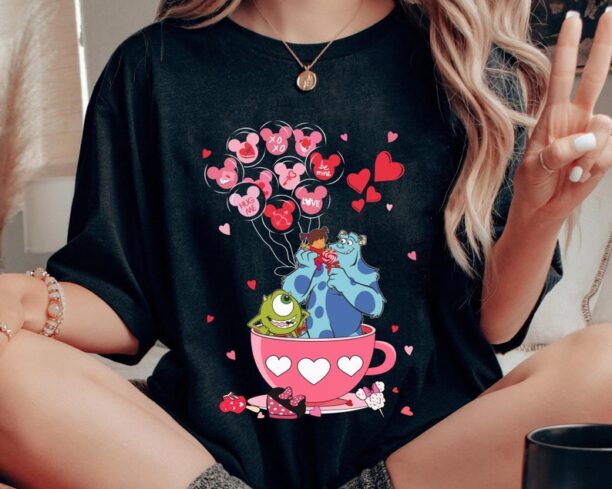 Monsters Inc Mike Sully Boo Mickey Balloon Valentine Tea Cup Shirt, Disney Couple Valentine's Day T-shirt