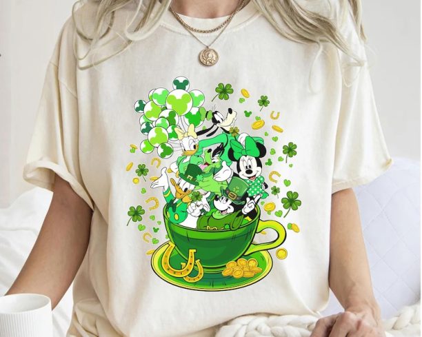 Retro Mickey and Friends with Shamrock Balloon Tea Cup Shirt, Disney St Patrick's Day T-shirt, Lucky Irish Tee