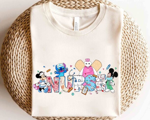 Cute Disney Mickey Minnie Stitch Baymax Custom Nurse T-Shirt, Nurse's Day 2024 Tee