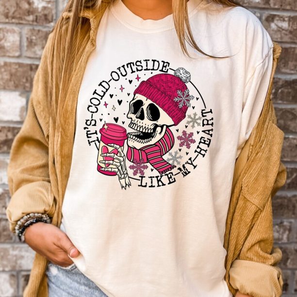 Comfort Colors® It's Cold Outside Like My Heart Skeleton T-Shirt, Valentines Shirt, Skull Shirt, Cute Skeleton Shirt