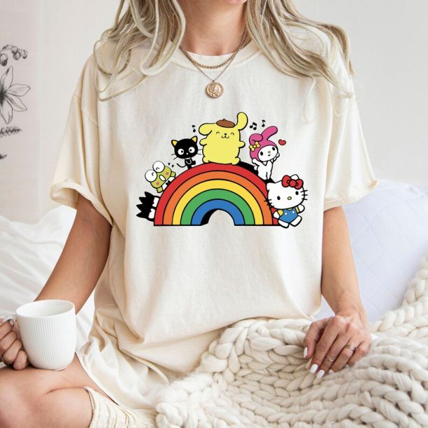 Comfort Colors® Rainbow Valentine Shirt, Cats Lover Shirt, Hello Kitty Shirt, Valentines Day T-Shirt