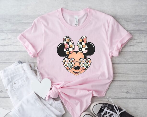 Checkered Retro Minnie Shirt,Minnie Mouse Sweatshirt,Minnie Smiley Face Sunglasses Shirt,Disney Girls Trip Tee