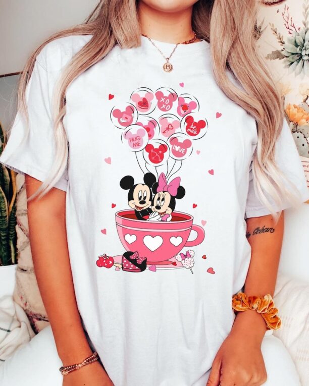 Mickey and Minnie with Pink Balloon Tea Cup Valentine Shirt, Disney Couple Matching T-shirt, Valentine's Day Gift