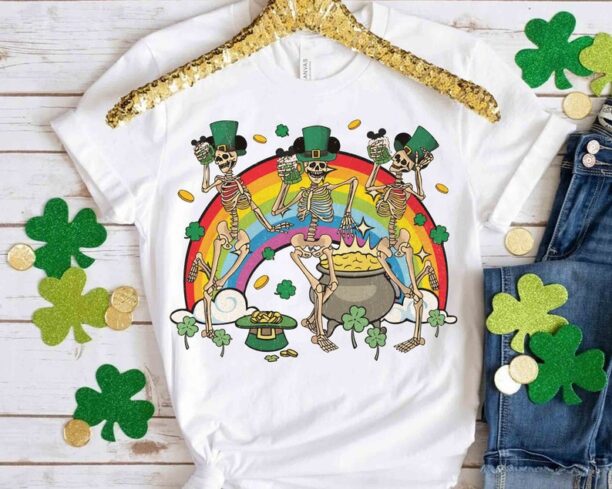 Disney St Patrick's Day Party Dancing Skeleton Mickey Ears Shirt, Funny Skeleton Happy Saint Patrick Tee