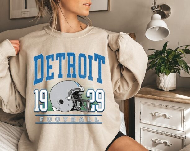 Detroit Football Helmet Hand Drawing Vintage Unisex Sweatshirt, Detroit Sports Retro Shirt, American Football Shirt