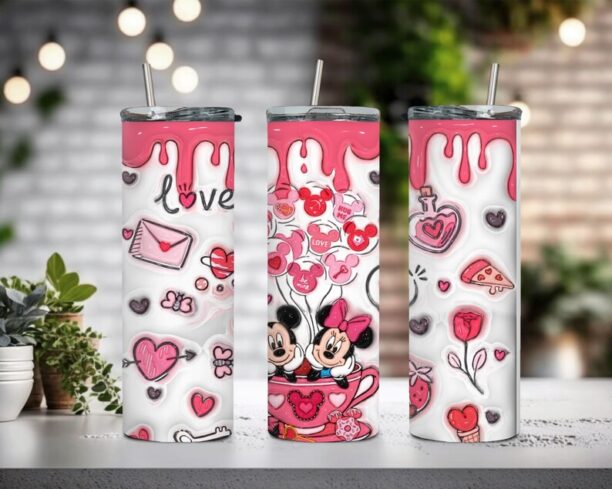 Mickey and Minnie Disney inspired Valentine Inflated 20 Oz Skinny Tumbler with Lid and Straw, Disneyland Tumblers