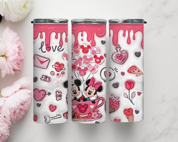 Mickey and Minnie Disney inspired Valentine Inflated 20 Oz Skinny Tumbler with Lid and Straw, Disneyland Tumblers