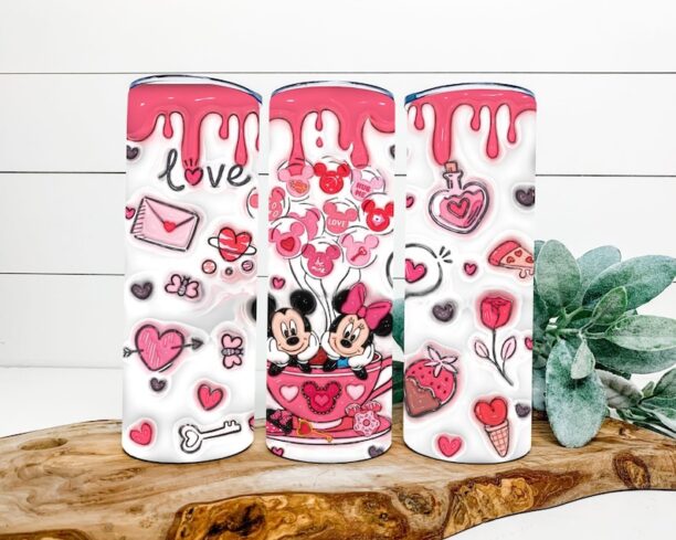 Mickey and Minnie Disney inspired Valentine Inflated 20 Oz Skinny Tumbler with Lid and Straw, Disneyland Tumblers