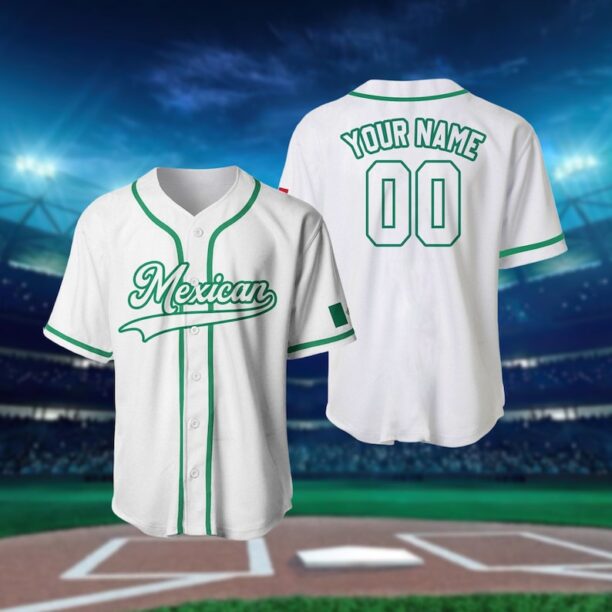 Personalized Team Name And Number Baseball Jersey, Custom Mexican Flag White Green Baseball Jersey